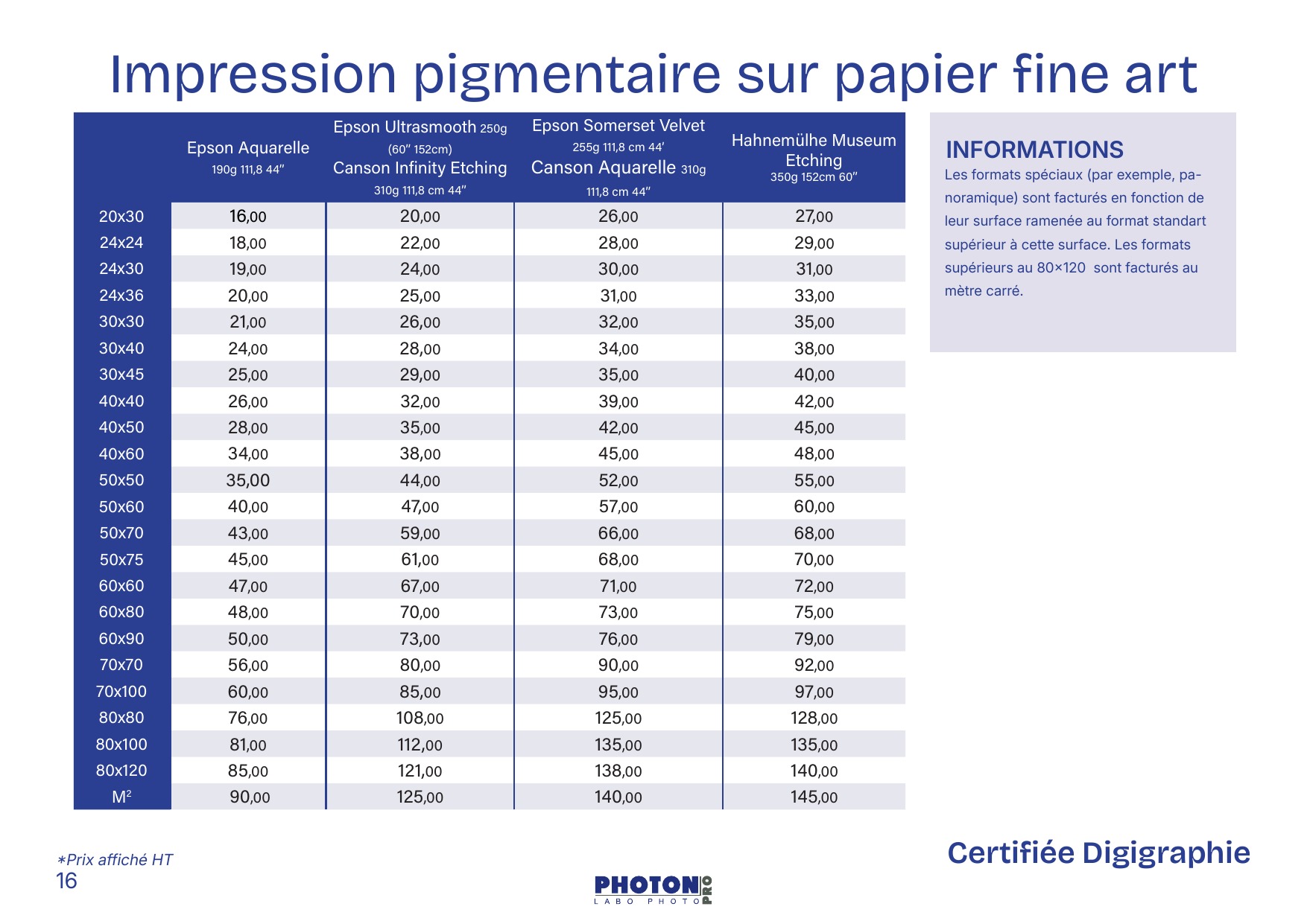 Tarifs_Impression Pigmentaire sur Papier fine art Impressions pigmentaires à Toulouse