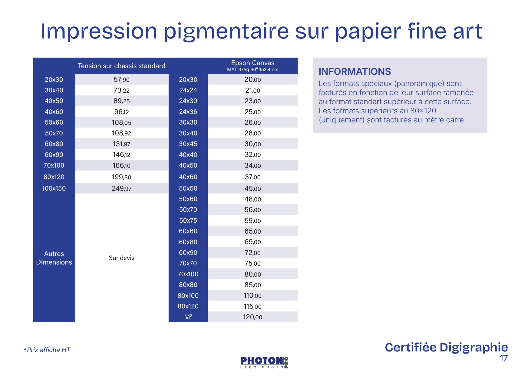 Tarifs_Impression Pigmentaire sur Papier fine art 2 Impressions pigmentaires à Toulouse